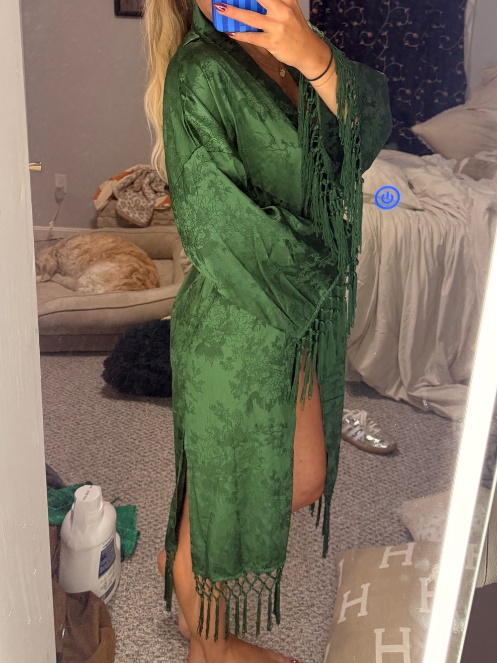12th tribe green satin kimono & shorts set